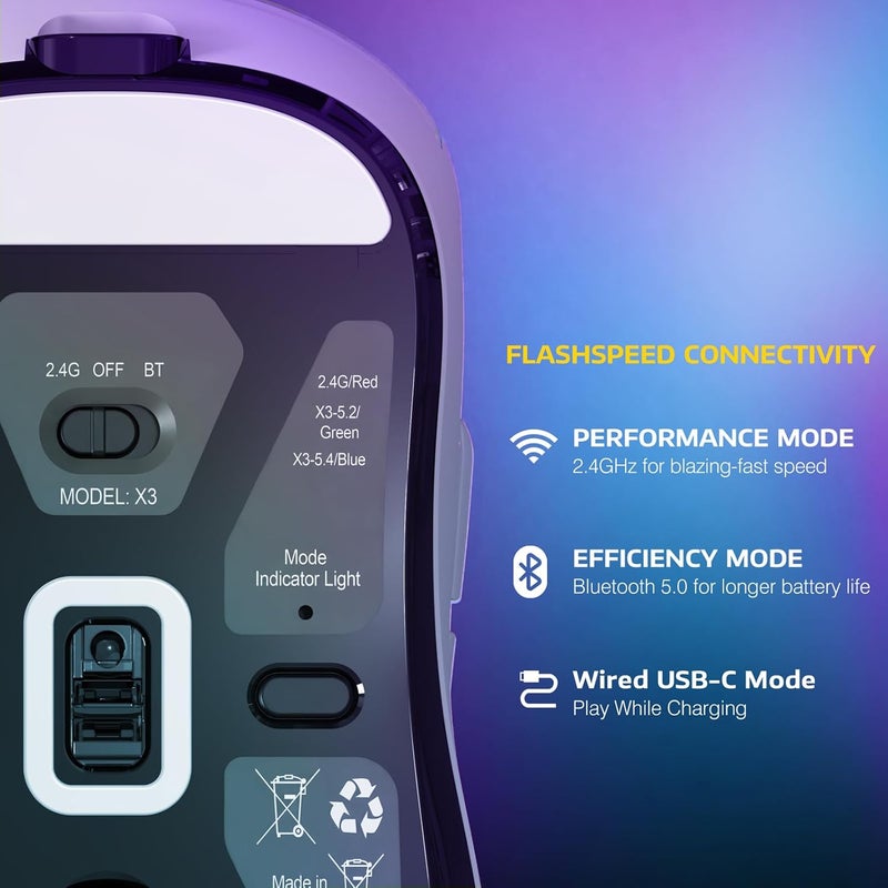 MANBASNAKE ATTACK SHARK X3 Wireless Gaming Mouse, 49g Ergonomic Computer Mouse, Triple Modes PAW3395 26K DPI Optical Sensor, 200h Battery Life, Programmable Buttons, Gaming Accessories for PC/Laptop/Mac (White) - Image 5